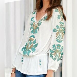 Soft Surroundings White Boho Embroidered Peasant Top Botanical Gardens Blouse